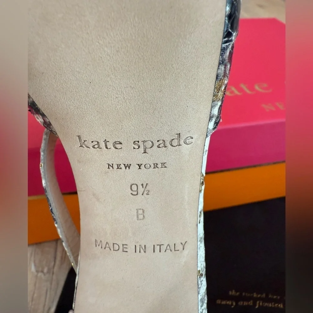 Kate Spade Italian platform neutral snake metallic open toe heels 9.5 EUC